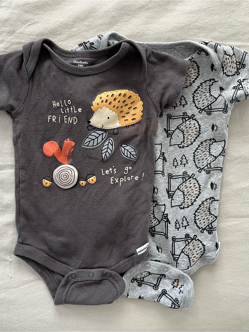 Gerber Dark Gray and Light Gray Hedgehog & Squirrel One-Piece Bodysuit Set